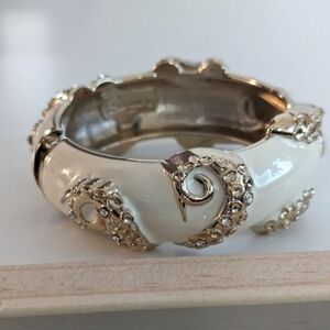 Sequin Elegant Cream and Gold Enamel and Crystal Bangle Clamper Bracelet